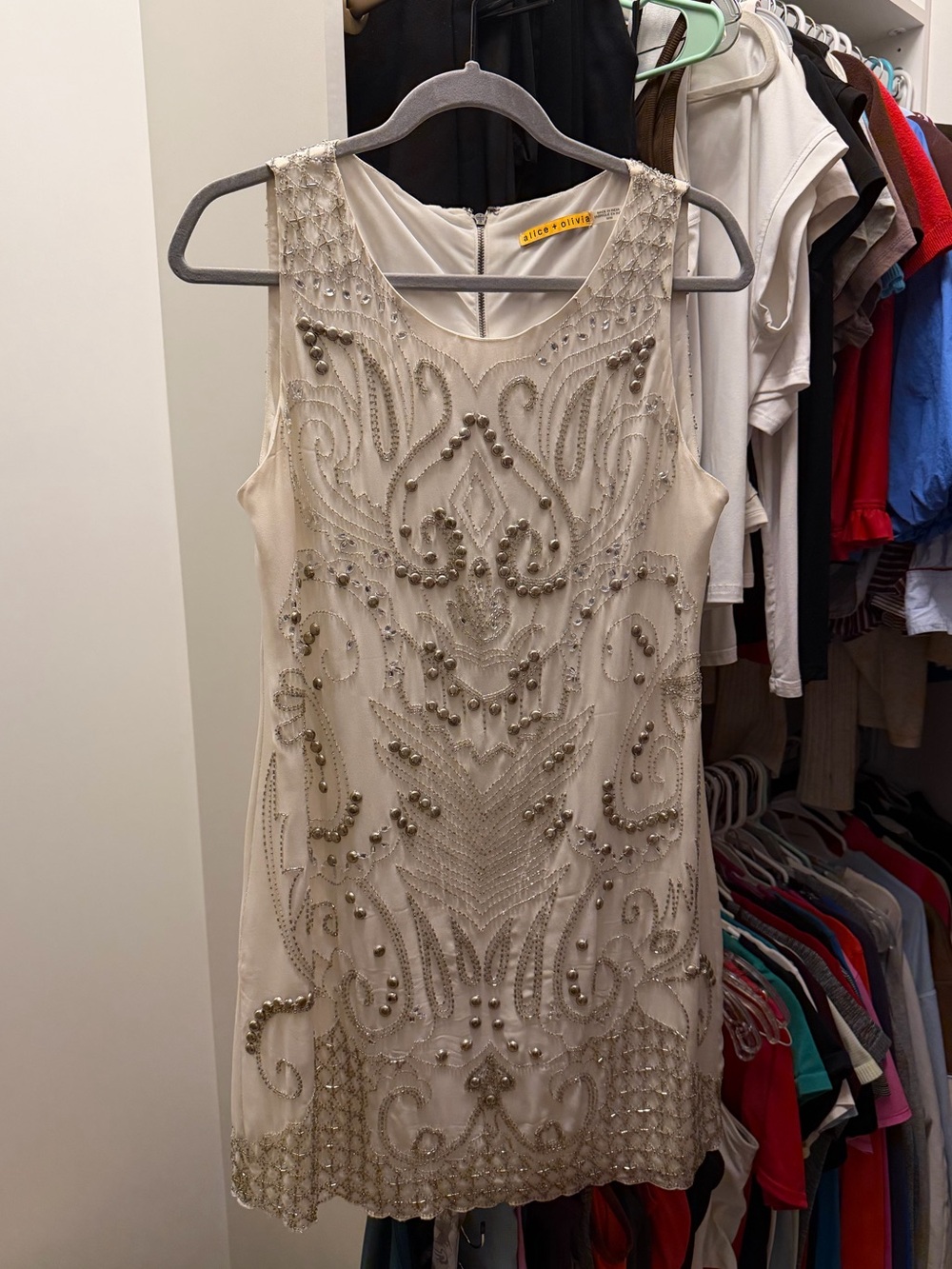 Alice + Olivia Ivory Silk Beaded Embellished Shift Dress